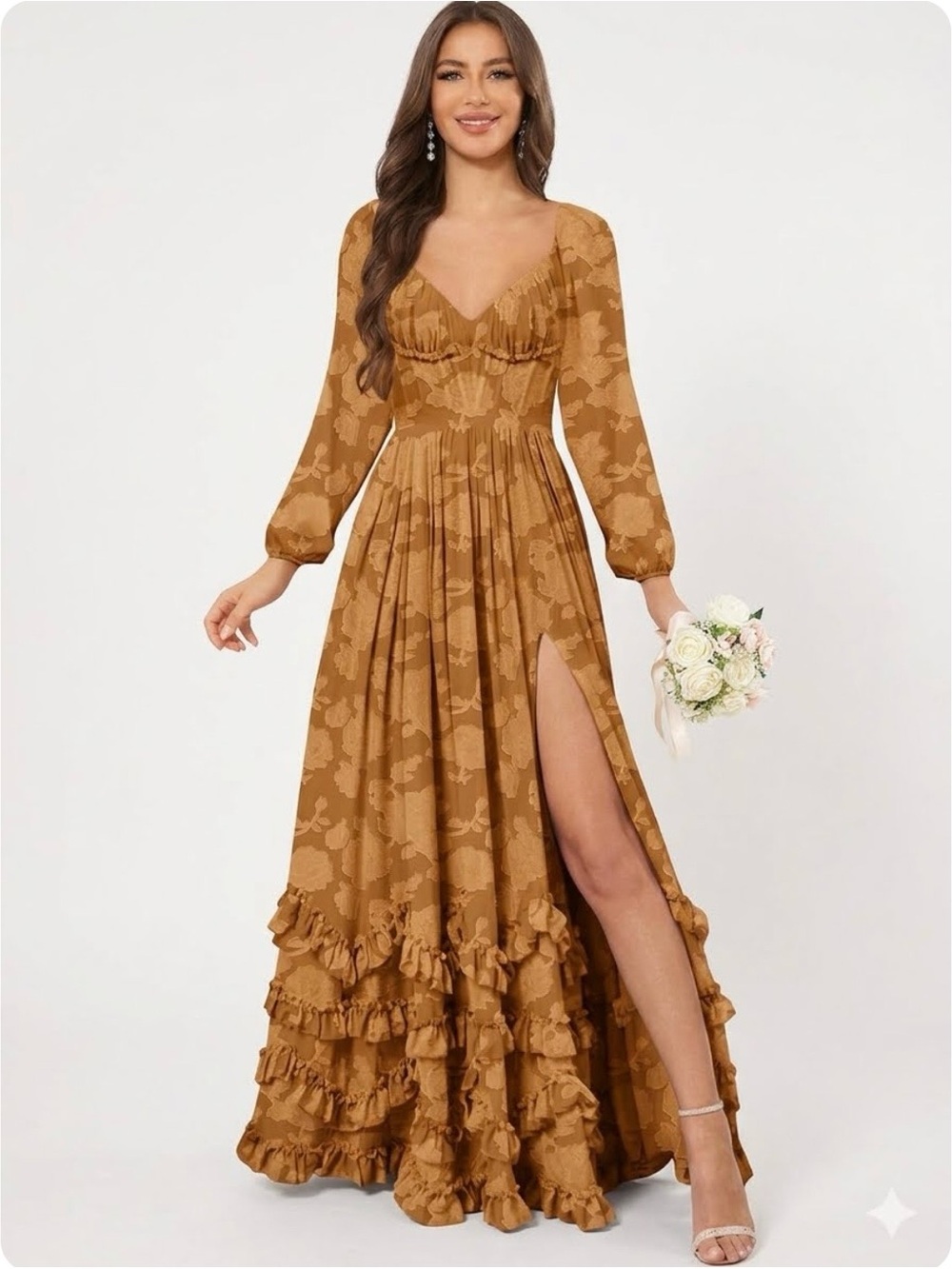 Off-Shoulder Beige Floral Ruffle Maxi Dress